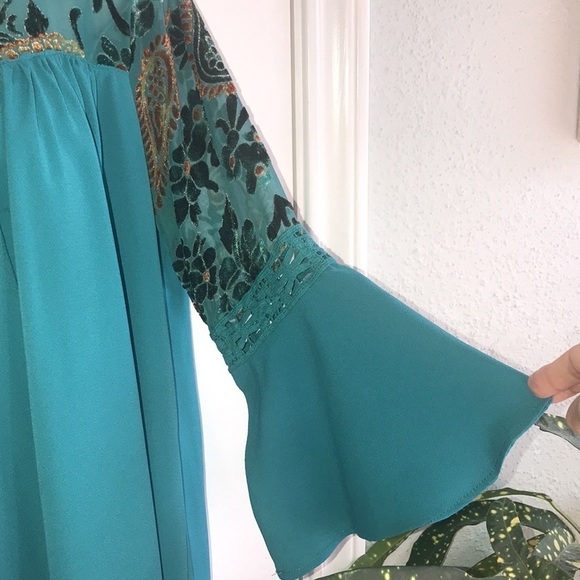 Umgee Boho Turquoise Velvet Floral Print Dress Size S - Picture 7 of 15